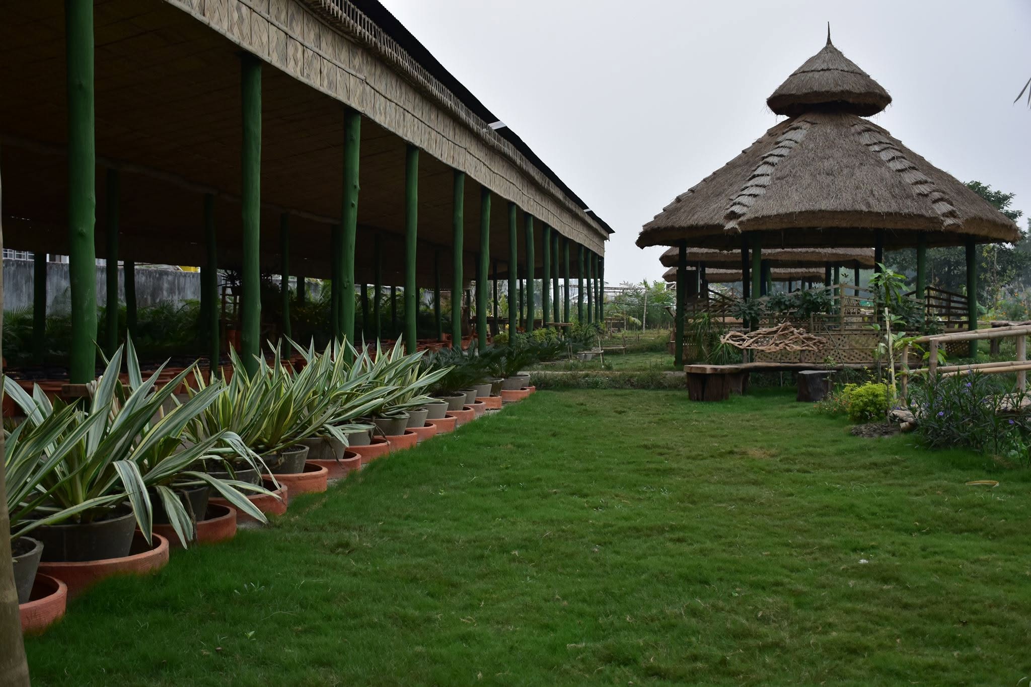 Long colonnade of green bamboo columns sheltering nursery plants