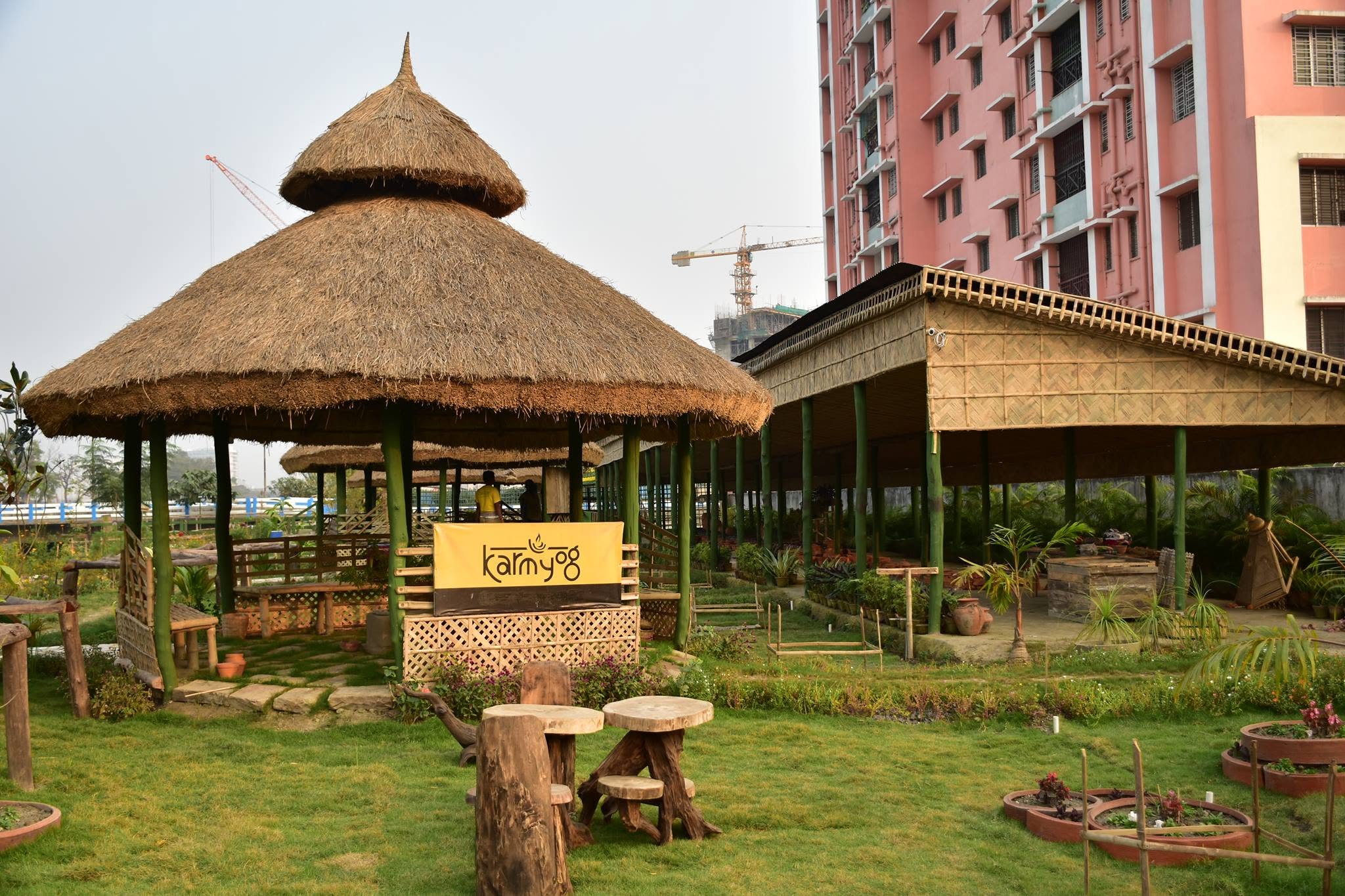 KarmYog gazebo and the long bamboo training shed