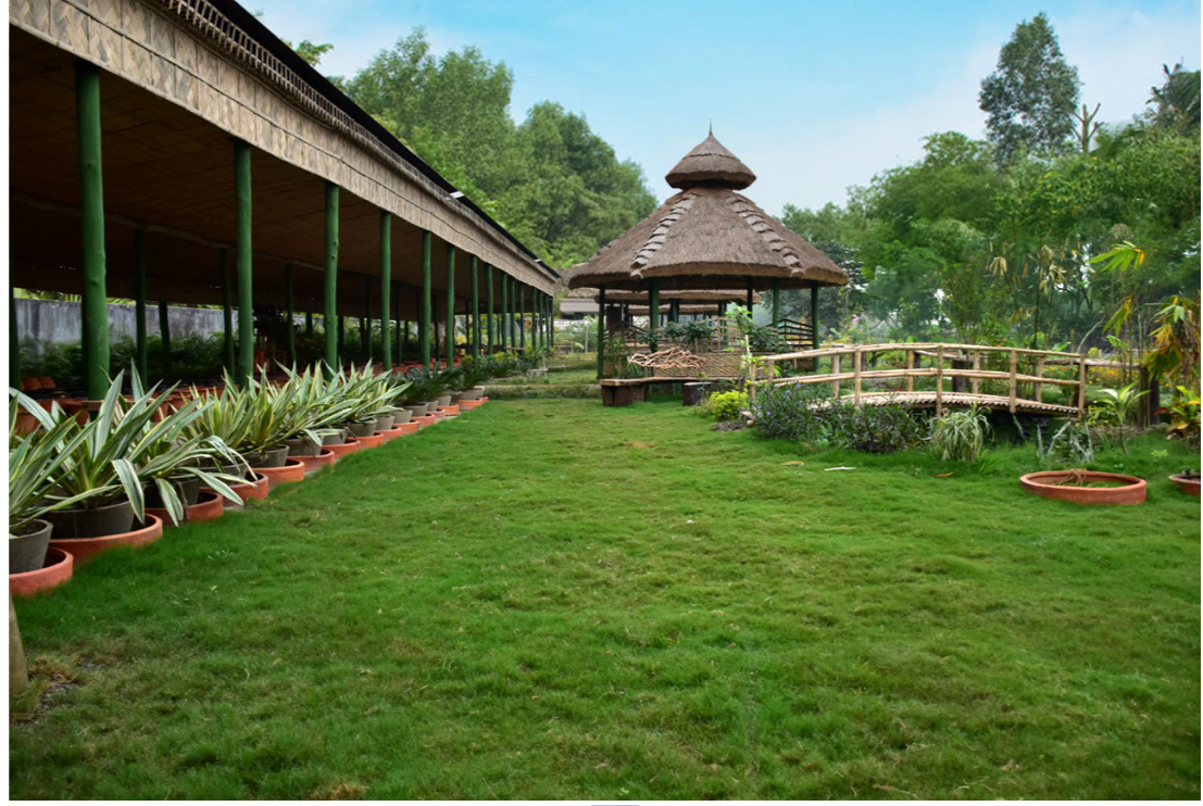 Thatched learning verandah with terracotta planters