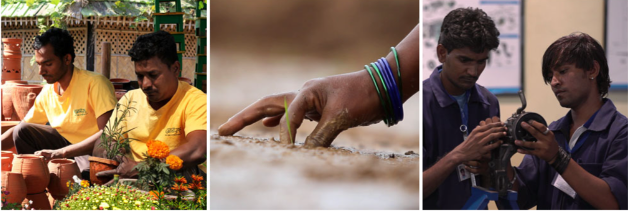 Learners potting plants, sowing seedlings, and training in skills